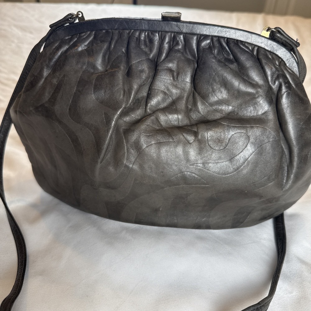 Vintage Shirl Miller LTD Leather Frame Clutch Purse Crossbody Bag Gray Swirl
